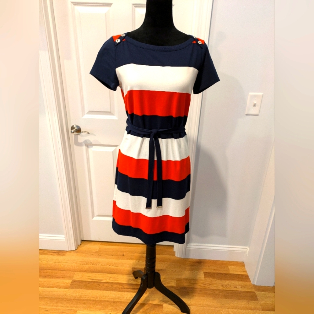 Navy, Red & White Striped Midi Dress with Waist Tie